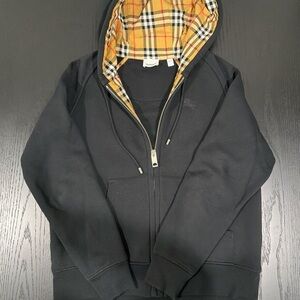 Burberry Black Zip-Up Sweater with Plaid Hood